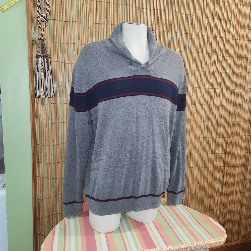 Gap Cotton Blend Mens Pullover Sweater Rugby Shawl Collar Grey Gray Blue XXL 44"